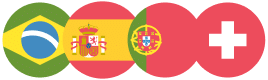 Bandeiras dos países já atendidos: Brasil, Espanha, Portugal e Suíça