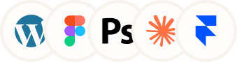 Ícones de ferramentas de trabalho: Photoshop, Figma, Framer e WordPress